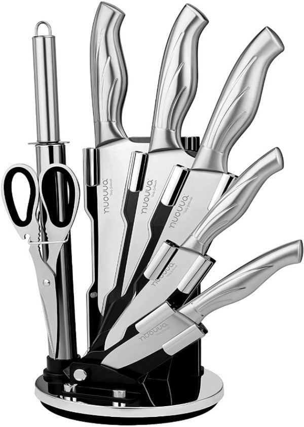 Professional Kitchen Knife Set – 7pcs Multi Colour Kitchen Knives – 360 Degree Rotating Knife Block Sharp Stainless Steel Blades – by nuovva